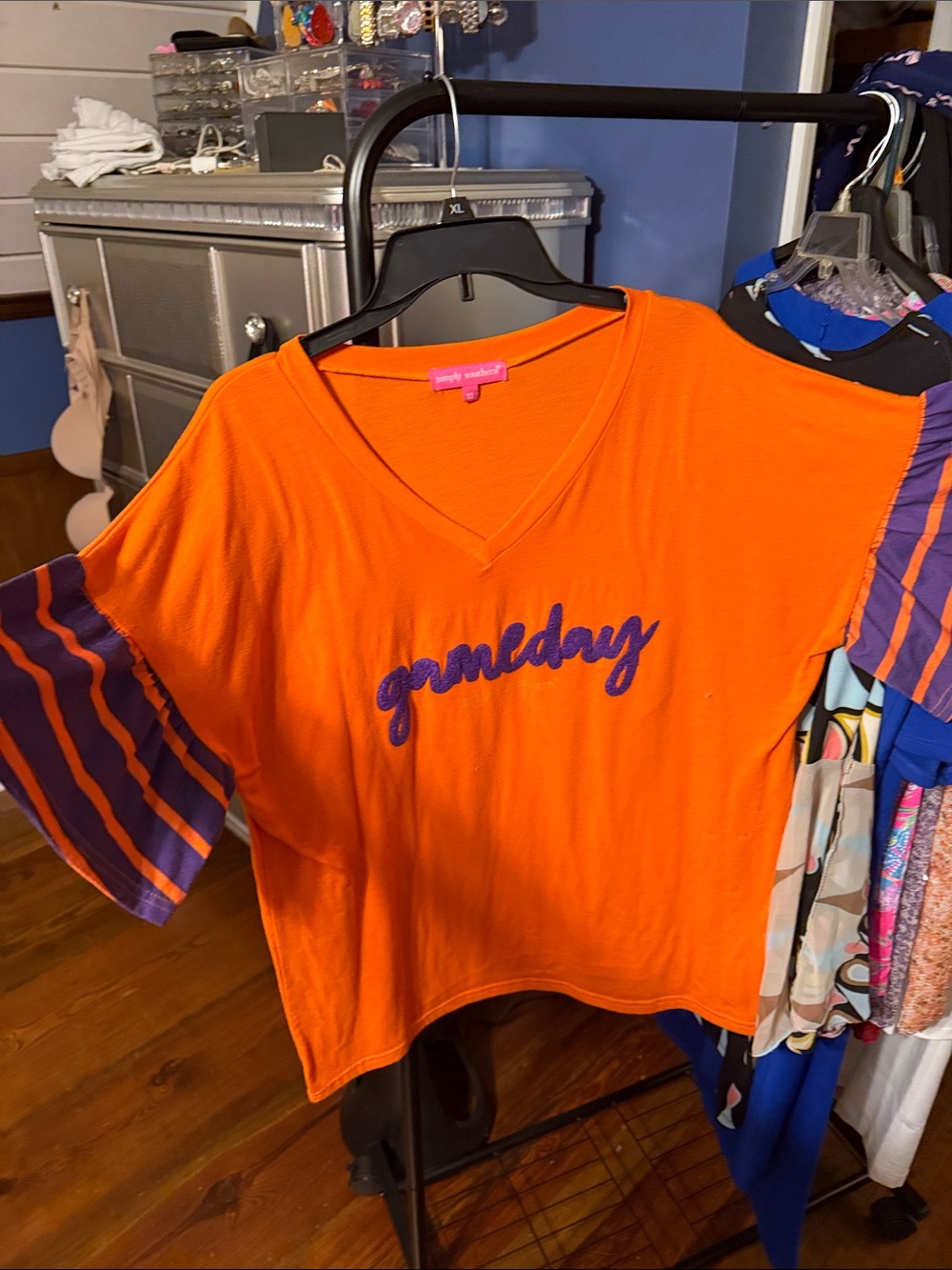 Simply Southern Orange 'gameday' V-Neck Top with Purple Stripe Sleeves